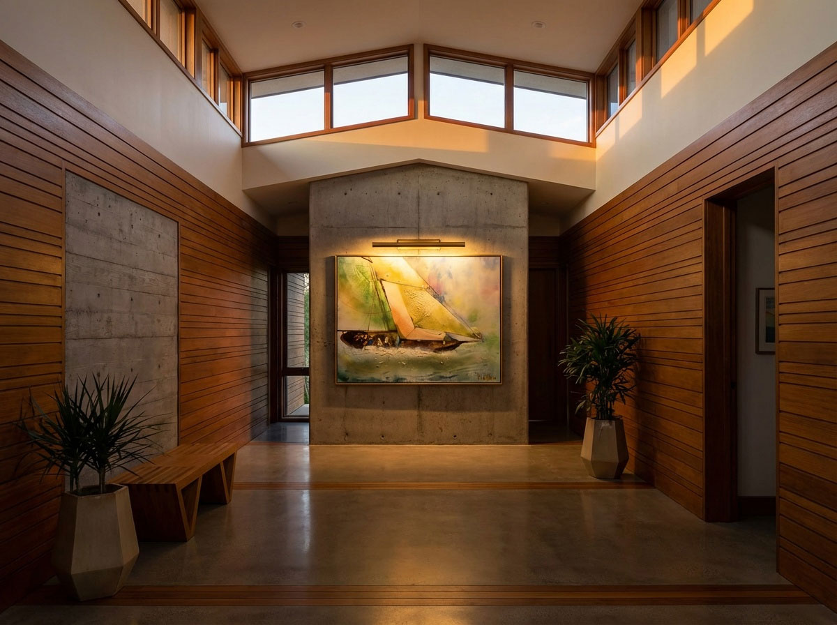 Toile "Pen Duick" de Fred Latrace dans un couloir de maison de style