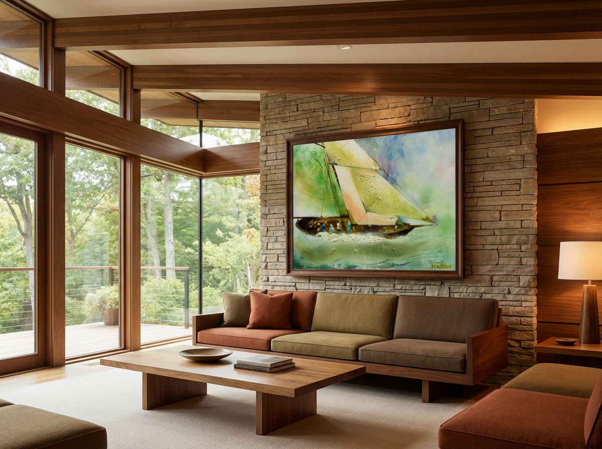 Toile "Pen Duick" de Fred Latrace dans un couloir de maison de style 